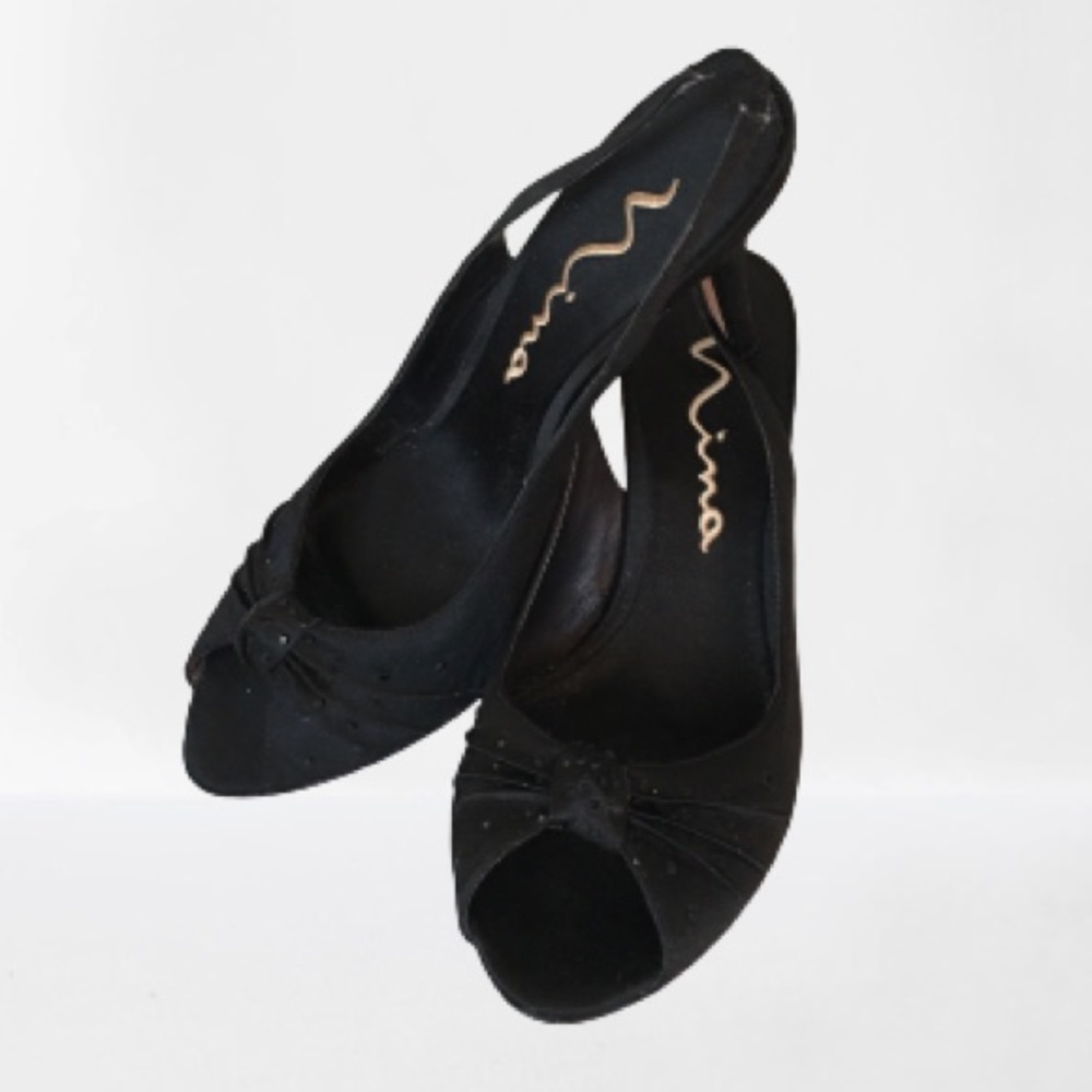 Vintage Nina shoes black satin sling back heels 8N